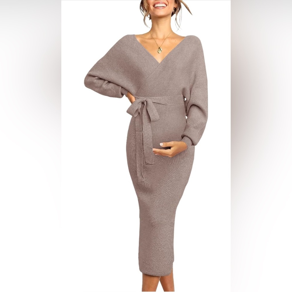 Amazon Maternity Tan Ribbed Wrap Midi Dress with Dolman Sleeves
